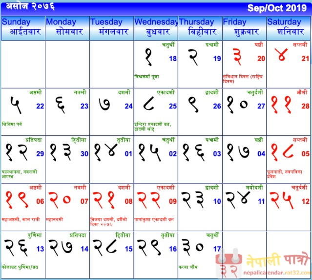 Nepali Calendar 2076 Ashwin, Nepali Patro Ashoj 2076, Bishwokarma Puja 2076, Sambidhan Diwas Nepal, Rastriya Diwas 2076 Nepal, National Day of Nepal is Ashwin 3. Ghatasthapana 2076, Phulpati 2076, Mahanawami 2076, Bijaya Dashami 2076, Dashain 2076, Papangkusha 2076, Dwadashi 2076, Happy Dashain 2076