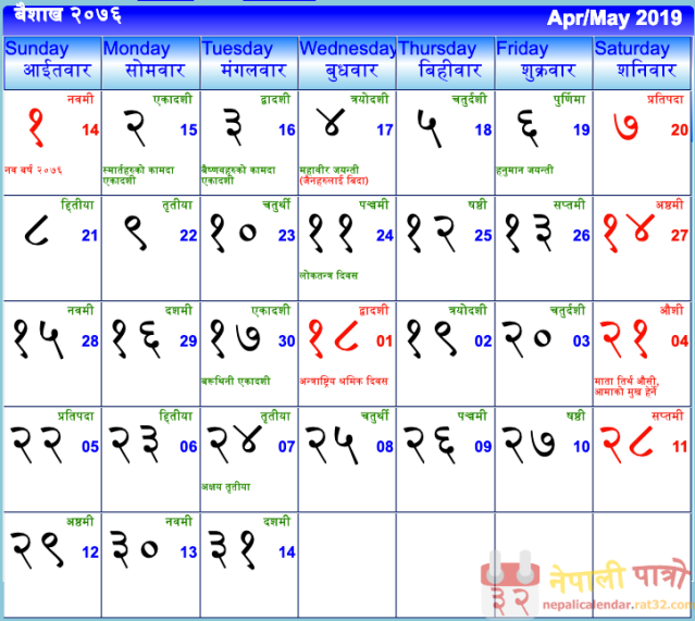Nepali Calendar Baisakh 2076, Nepali New Year, Happy New Year 2076, Mothers Day, Aama ko Mukh Herne, International Labors Day, Buddha Jayanti, Loktantra diwas 2076, Chandi Purnima, Urbhyauli parba