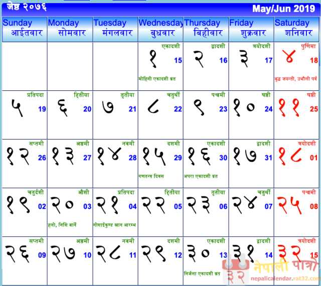 Nepali Calendar 2076 Jestha, Nepali Patro Jeth 2076, Ganatantra Diwas 2076, Gosaikunda Snaan
