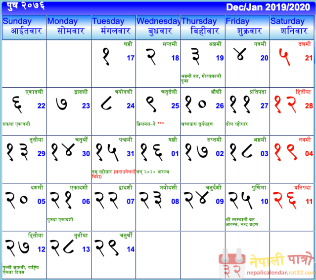 Nepali Calendar Poush 2076, Push, Nepali Patro Poush month, Dhanya Purnima, Urdhyauli Parba 2076, Christmas Day 2076, Tamu Losar 2076, Tol Lhosar 2076, Prithivi Jayanti, Rastriya Ekata Diwas